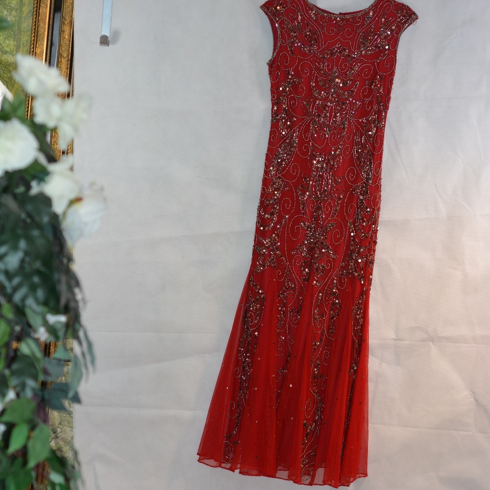 Beaded, Sequined Red Long Dress on Netting. Pissaro Nights Sz 4P